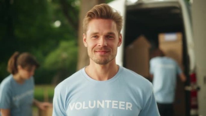 Portrait of a Happy Helpful Young Male Volunteer. 