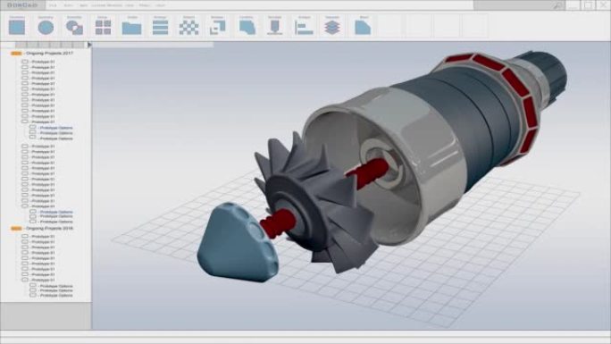 计算机cad软件模型显示了3D工业可持续绿色能源涡轮发动机的设计。高效的电机原型动画。电脑显示器和笔