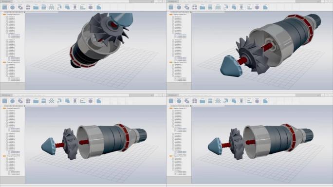 计算机cad软件模型显示了3D工业可持续绿色能源涡轮发动机的设计。高效的电机原型动画。电脑显示器和笔
