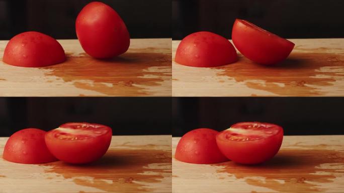 番茄卷到切菜板上。慢动作。