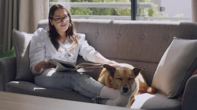 宁静的女人和她的狗在客厅的沙发上放松。美丽的年轻女士在看杂志和坐在家里的沙发上抚摸着她的混血宠物狗。