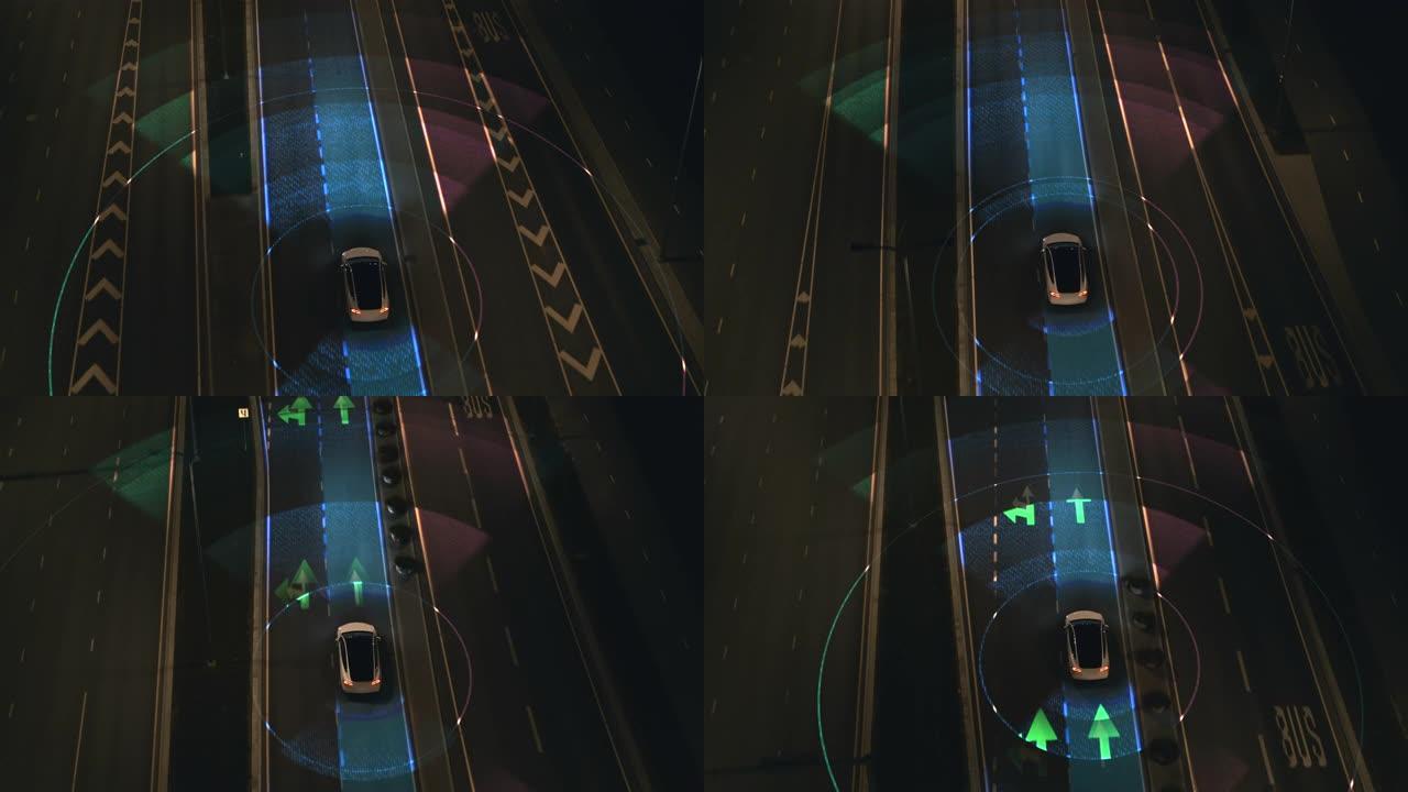 遵循空中自上而下的无人机视图: 自动驾驶汽车穿过城市高速公路。动画可视化概念: 传感器扫描前方道路的