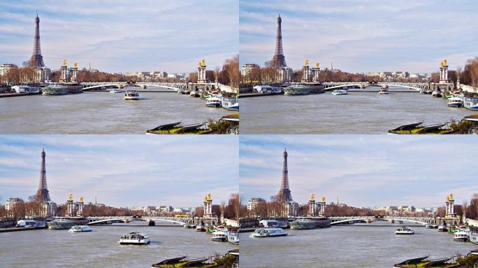巴黎的埃菲尔铁塔。滨水区。渡轮和船只。现代城市天际线。