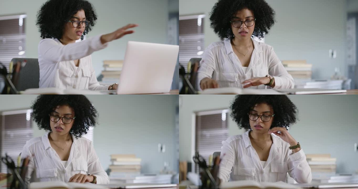 4k视频片段，一名有吸引力的年轻女学生在使用笔记本电脑在家学习时显得沮丧