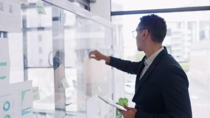 一个年轻商人使用数字平板电脑的4k视频片段，同时在办公室的玻璃墙上进行头脑风暴
