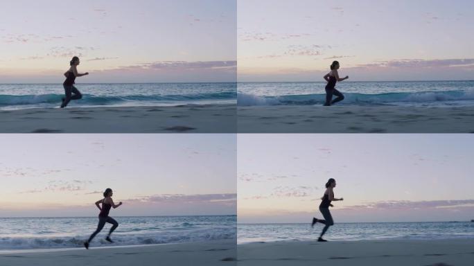 女人，健身或在日落海滩上跑步锻炼，健康保健，马拉松或身体心脏病学的训练或锻炼。海洋、自然海洋或日出水