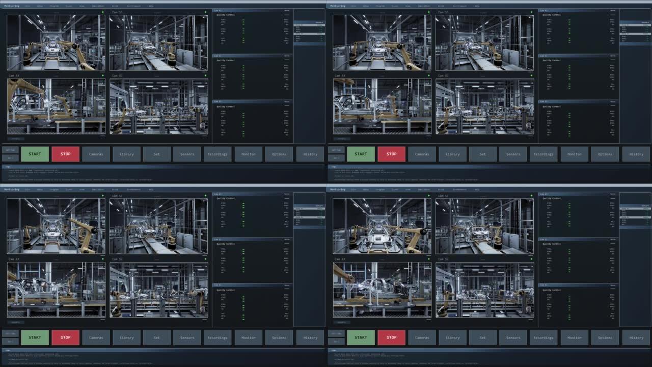 摄像机实时馈送来自汽车工厂的自动机械臂装配线，制造现代电动汽车。生产输送机管理员的监控软件。3D V