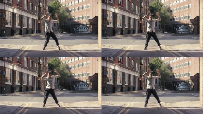 快乐男人跳舞循环嘻哈舞者在街头表演者做自由式舞蹈4k