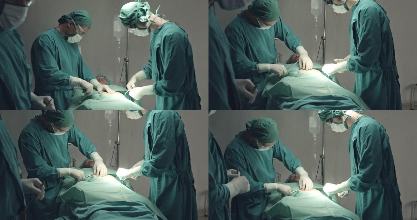 在手术室进行外科手术的医疗团队，摇摇欲坠的摄像机