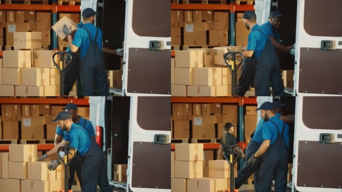 物流配送仓库之外: 由两个工人组成的多元化团队交谈，开玩笑地用纸箱装载送货卡车，在线订单，药品，食品