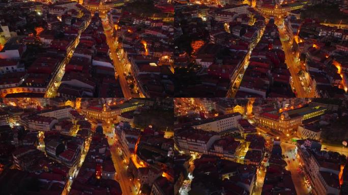 夜间波尔图城市景观的无人机视图