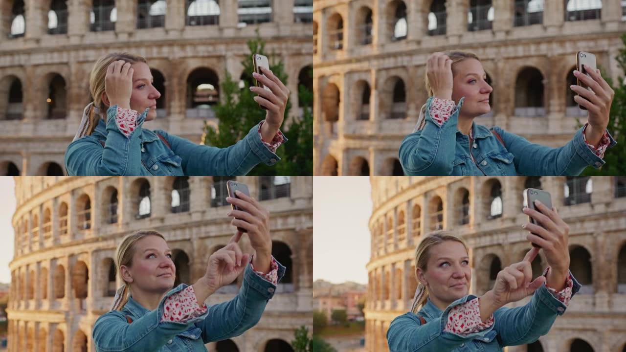 SLO MO女人在罗马的罗马斗兽场自拍