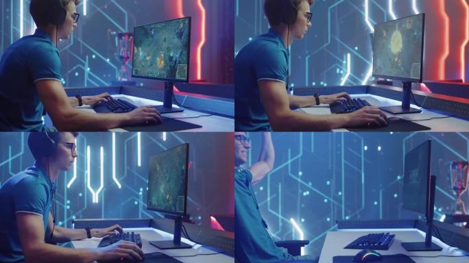专业电子竞技游戏玩家在他的个人电脑上玩RPG MOBA模拟视频游戏，具有超级动作和有趣的特效，庆祝战