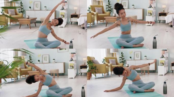 健身、瑜伽或冥想伸展女人在她家的客厅锻炼。与chakra专注，心态或平衡的女孩，在训练，运动或健康与