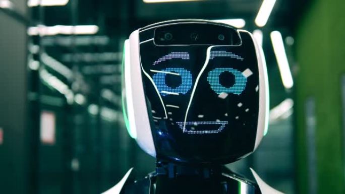 机器人在屏幕上展示自己的情感。未来，创新，科学，机器人概念。