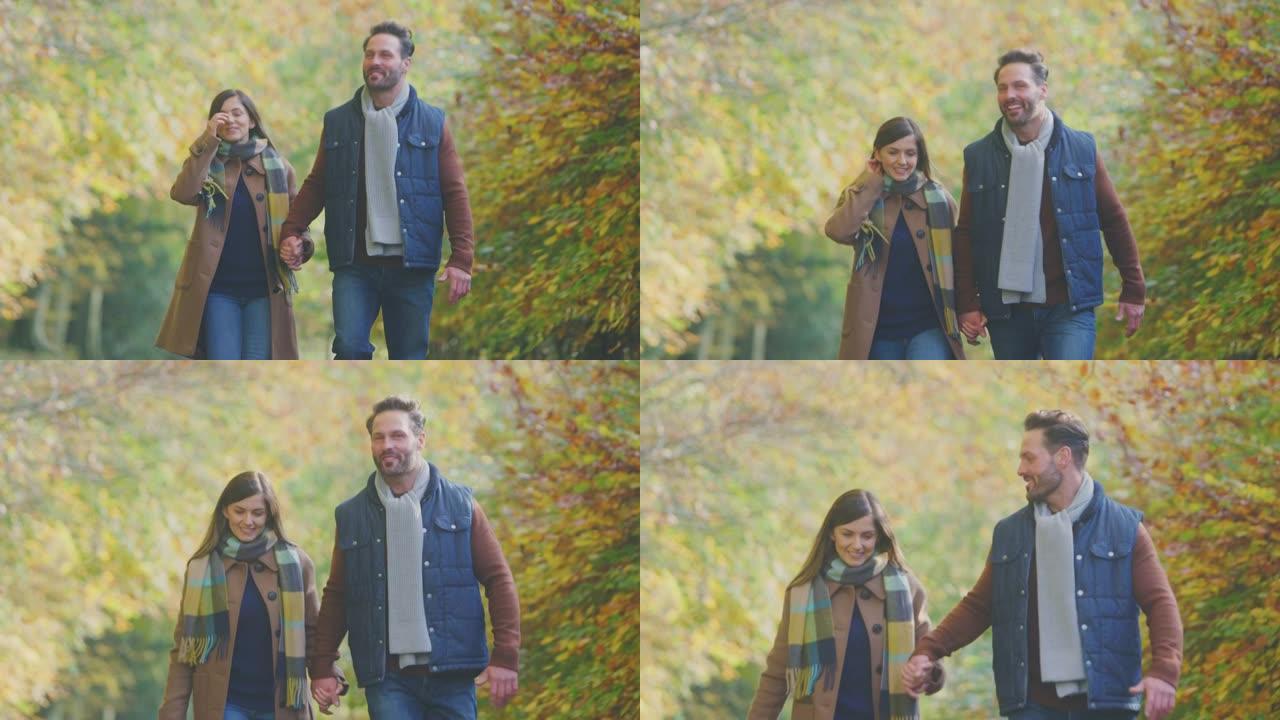 可爱的成熟夫妇牵着手走在秋天的乡村
