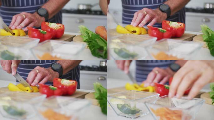 高加索高级男子在厨房切碎蔬菜的手的动画