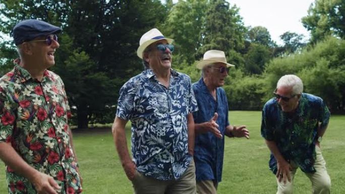穿着夏威夷衬衫快乐的高级朋友的肖像，在公园里一起享受夏天的好天气。一群休假的老人，活跃，走路，说话和