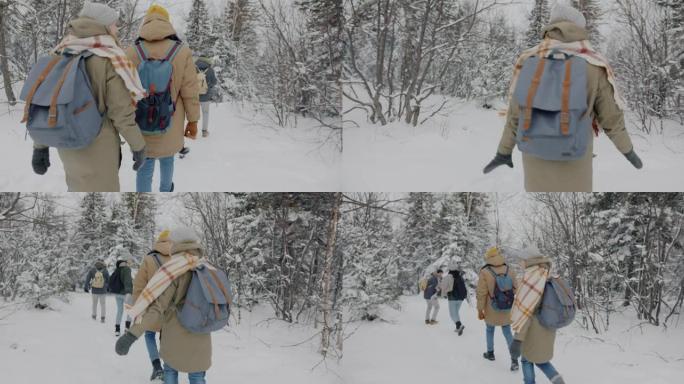 快乐的年轻人的慢动作，背包在雪树间的冬季树林中行走