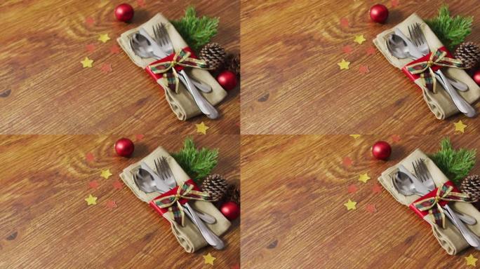 木制背景上带有餐具和复制空间的圣诞节装饰视频