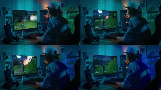 在家玩游戏: 专业玩家在个人电脑上玩在线视频游戏。专业时尚男性玩家享受真正的3D射击游戏，展示街机在