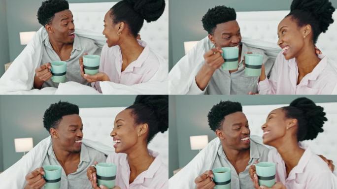 床，早晨和情侣一起喝杯咖啡，在家里谈论好消息和惊喜。哇，天哪，黑人女性在婚姻关系中发表了幸福的声明，