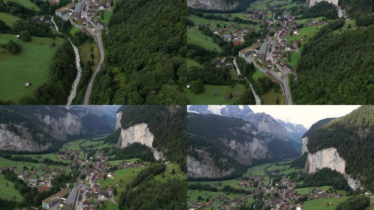 在瑞士的带有瑞士木屋的劳特布伦嫩村小村庄的空中拍摄
