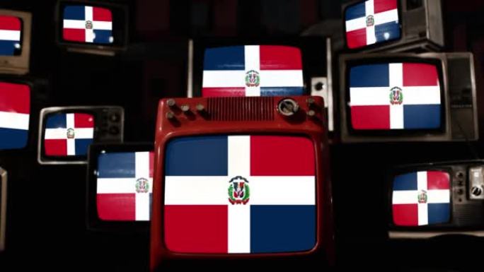 多米尼加共和国国旗和老式电视。4k分辨率。