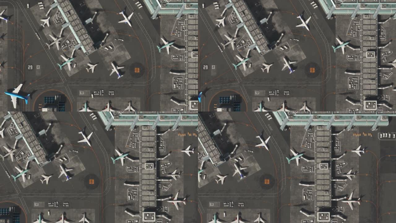 带有停放的飞机，客运大楼，跑道和服务机械的3D商业机场渲染的鸟瞰图。白天移动国际港口的现代VFX飞机