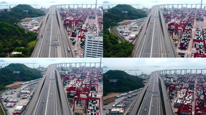 集装箱码头的集装箱，中国香港贸易业。俯视图无人机航拍