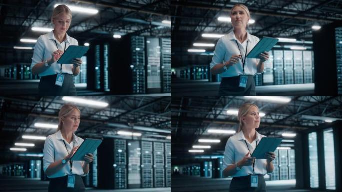 成功的女性IT专家使用平板电脑，走过大仓库数据中心。计算云服务服务器。成功的电子商务数字企业家。手持