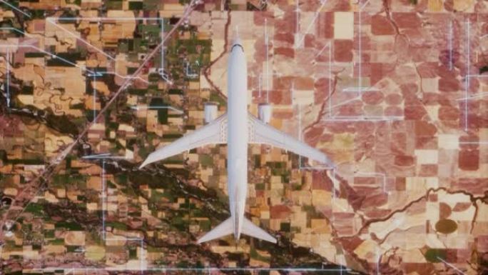 数字网络覆盖的飞机飞越农业地形。