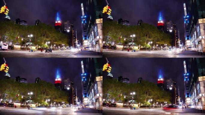 纽约夜街。科技灯红酒绿夜晚红路灯路口