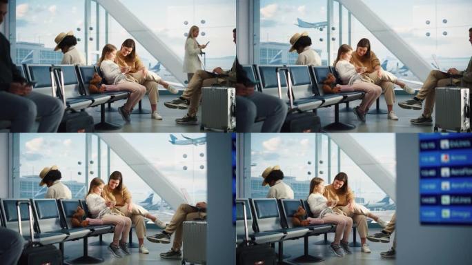 繁忙的机场飞机航站楼: 快乐美丽的母亲和可爱的小女儿等待他们的假期航班，使用移动智能手机娱乐。航空枢