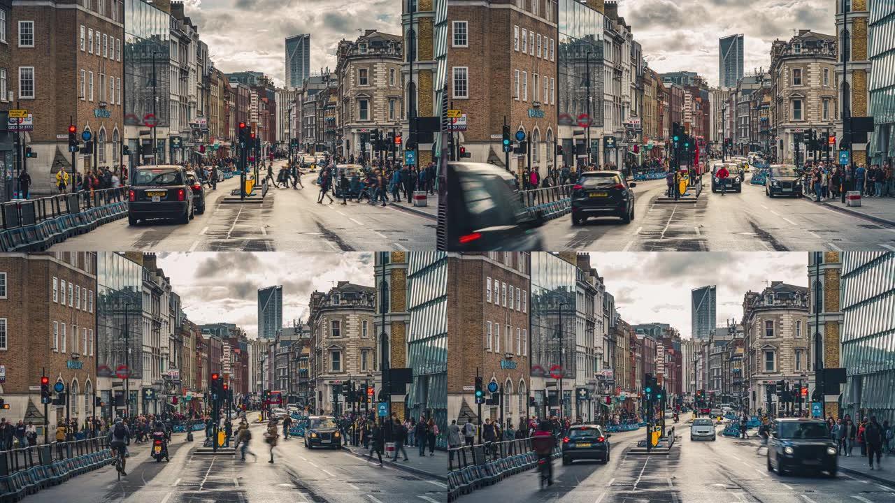 英国伦敦有红绿灯的人群行人和游客过马路的时间流逝