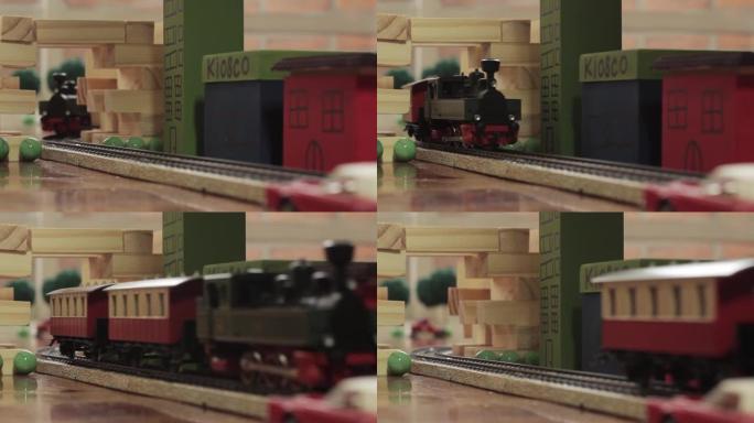 模型铁路，模型玩具电动火车组。特写。