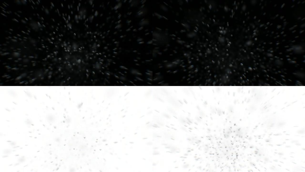 水下气泡云移动通过黑白背景上孤立的特写循环3d动画。美丽的无缝快速小流动水气泡质量。