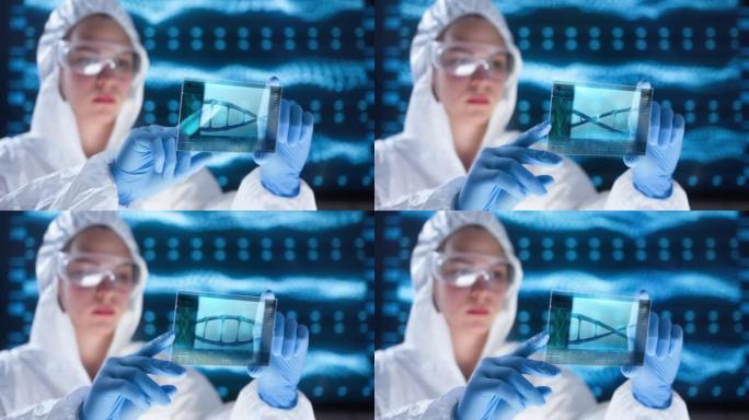 一位年轻的女科学家穿着防护服，在现代实验室里看着一个小的HUD，手里拿着DNA图像
