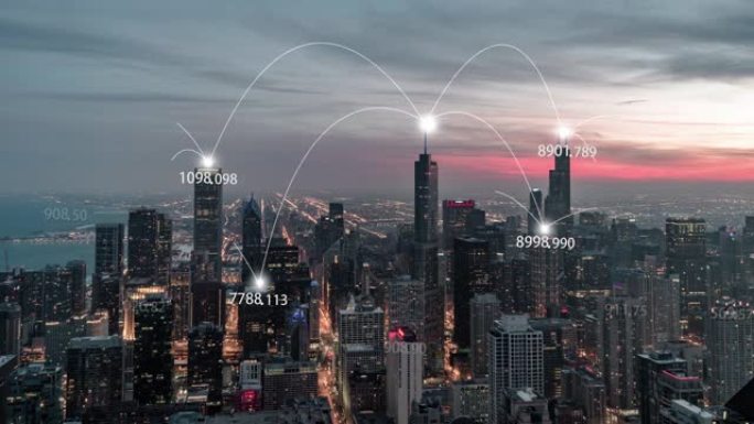芝加哥城市天际线和5g网络概念的T/L ZO鸟瞰图，日落到夜晚的过渡