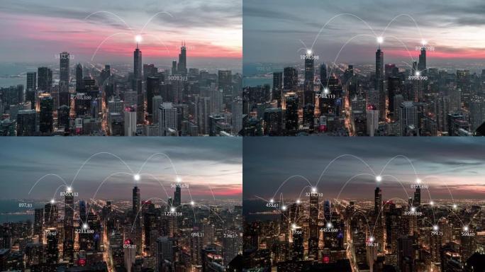 芝加哥城市天际线和5g网络概念的T/L ZO鸟瞰图，日落到夜晚的过渡