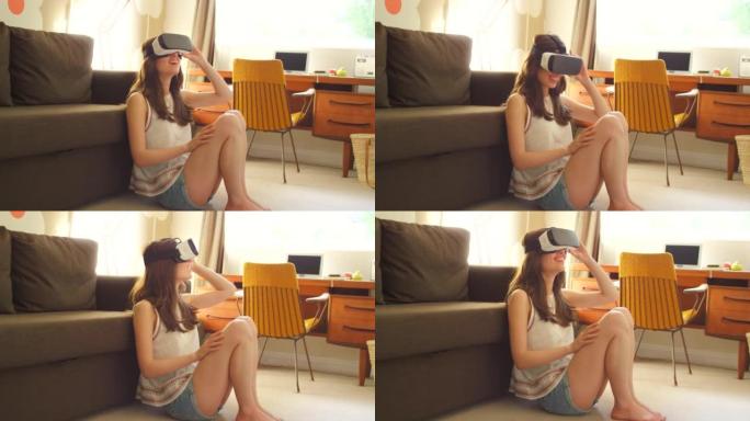 一名年轻女子在家中使用VR耳机的4k视频片段
