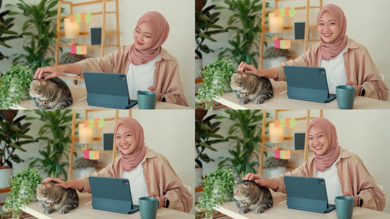 肖像亚洲穆斯林妇女高兴地坐在家里和她最喜欢的猫一起工作。