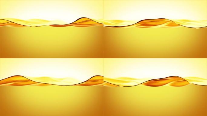 油液慢动作无缝波动。抽象金色油面特写在白色背景上流动的循环3d动画。