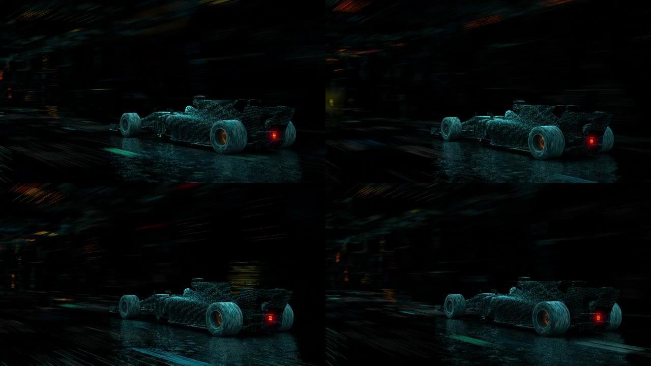 跑车高速行驶的详细轮廓，穿过隧道进入灯光。蓝色超级跑车由蓝线制成，在高速公路上快速行驶