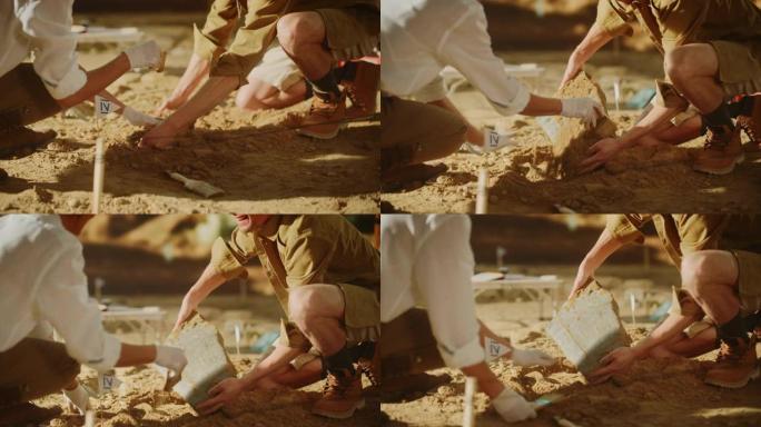 考古挖掘现场: 两位伟大的考古学家在挖掘现场工作，仔细清理，举起新发现的古代文明文化文物，历史陶片，