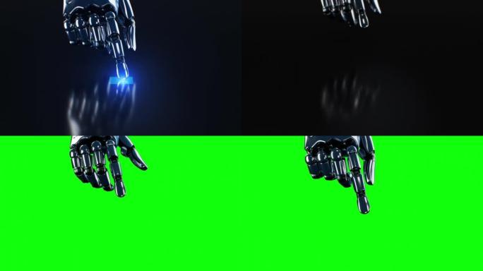机器人手点击触摸屏按钮特写3d动画。绿色屏幕面具。金属手指推蓝色虚拟显示键。假手。人工智能与机器学习