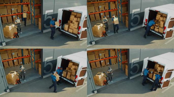 在物流零售商仓库外，经理使用平板电脑，工人开始用纸板箱装载送货卡车。在线订单、采购、电子商务商品。高