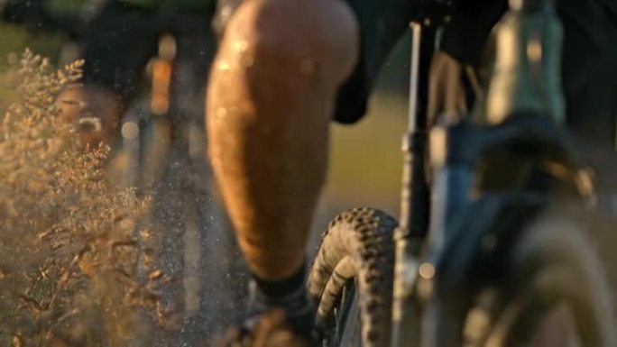 超级SLO MO山地自行车手撞到干燥的草甸植物