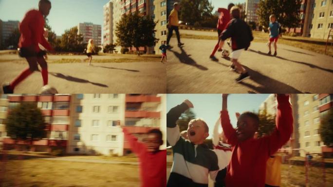 年轻的黑人男孩和朋友踢足球。多民族的孩子在附近享受足球比赛。与队友一起庆祝进球的球员。快节奏的跟踪镜