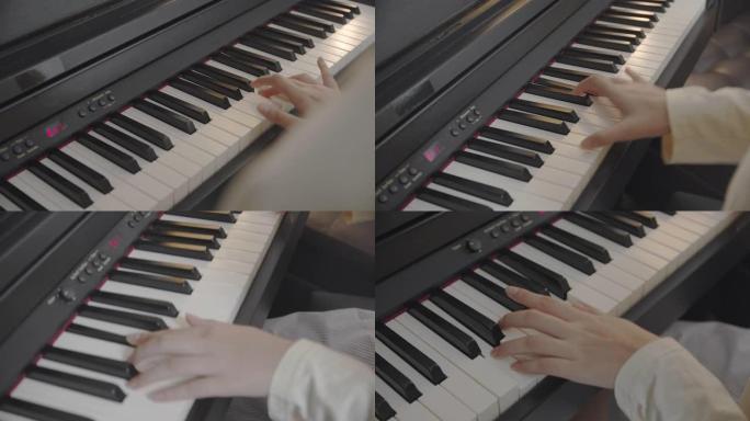 特写亚洲少年手在家里的客厅弹奏键盘钢琴。美丽的女孩钢琴家在社交媒体上直播时弹钢琴。网络影响者Vlog